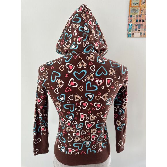 Vintage Y2k LA Kitty Brown Multi Heart Rhinestone Hoodie Jacket Top Girls 12/14 - Picture 3 of 7